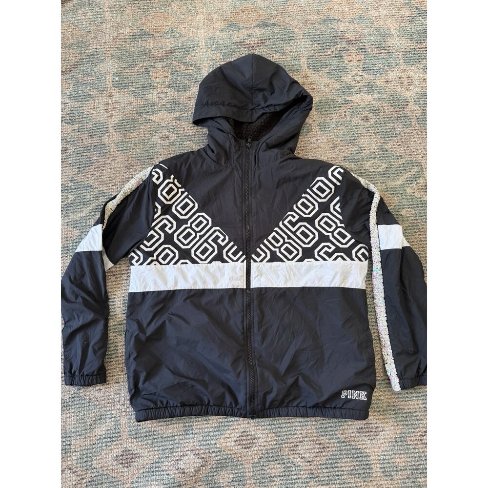 PINK Victoria’s Secret Y2K Sherpa Lined Hooded Jacket XS/S Black Sequin Full Zip